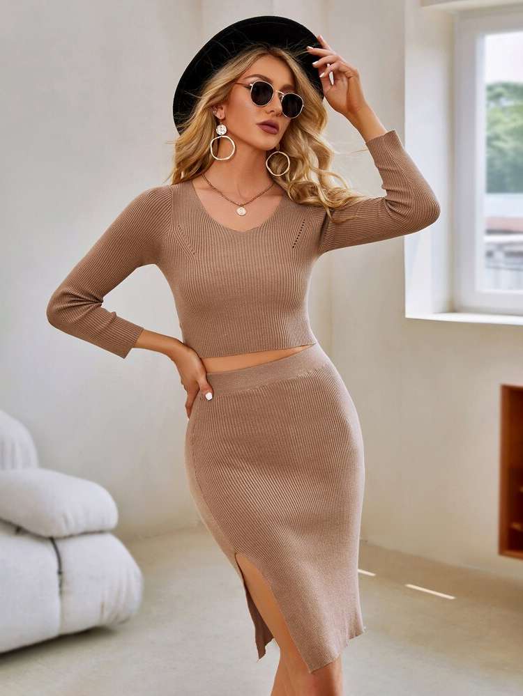  Slim Fit Mocha Brown Plain Women Knitwear 859