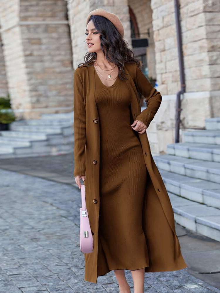 Mocha Brown Plain Long Sleeve Women Knitwear 1160