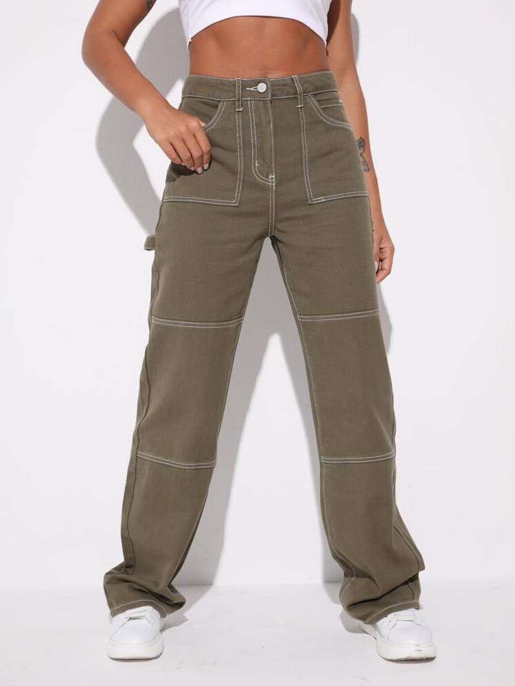 Long Mocha Brown Plain Women Jeans 566