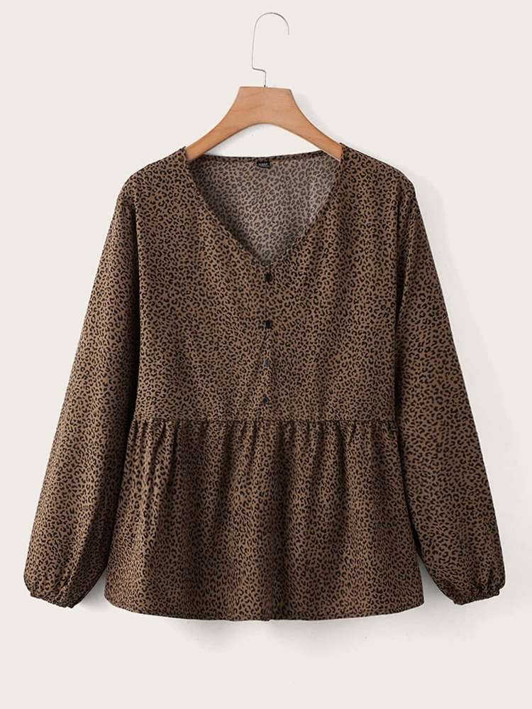 Long Sleeve Regular V neck Leopard Plus Size Tops 3468