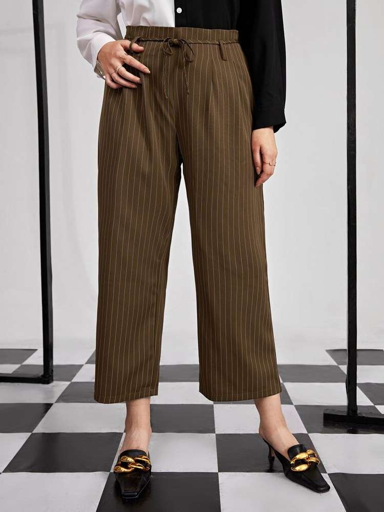 Elegant Striped Mocha Brown Cropped Plus Size Pants 748