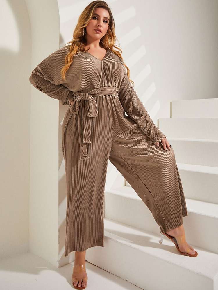 Loose Long Sleeve V neck Belted Plus Size Jumpsuits 8719