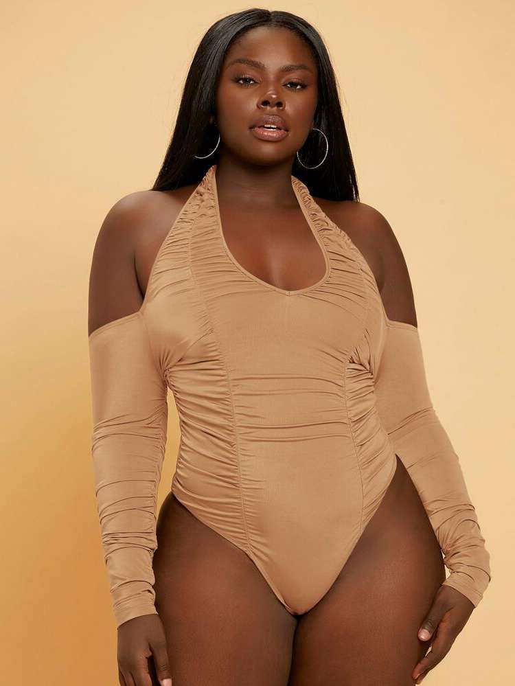  Long Sleeve Mocha Brown Plain Plus Size Bodysuits 7781