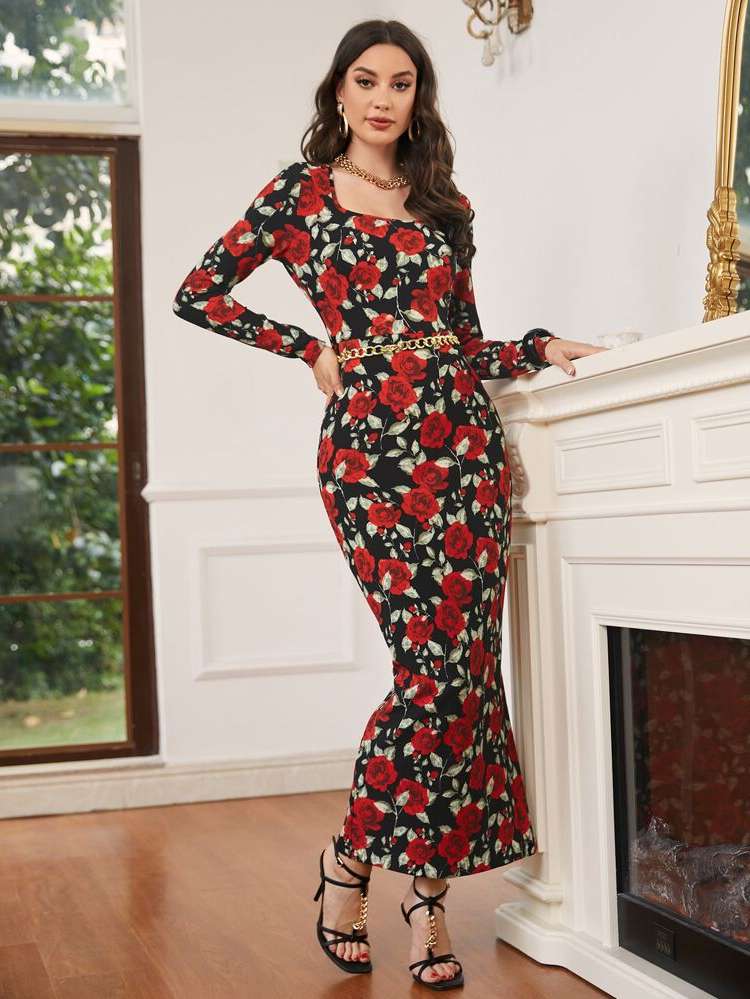 Floral Square Neck Split Arabian Dresses 6932