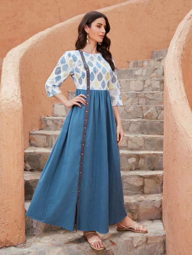 Colorblock Three Quarter Length Sleeve Multicolor Button Front Arabian Dresses 5491