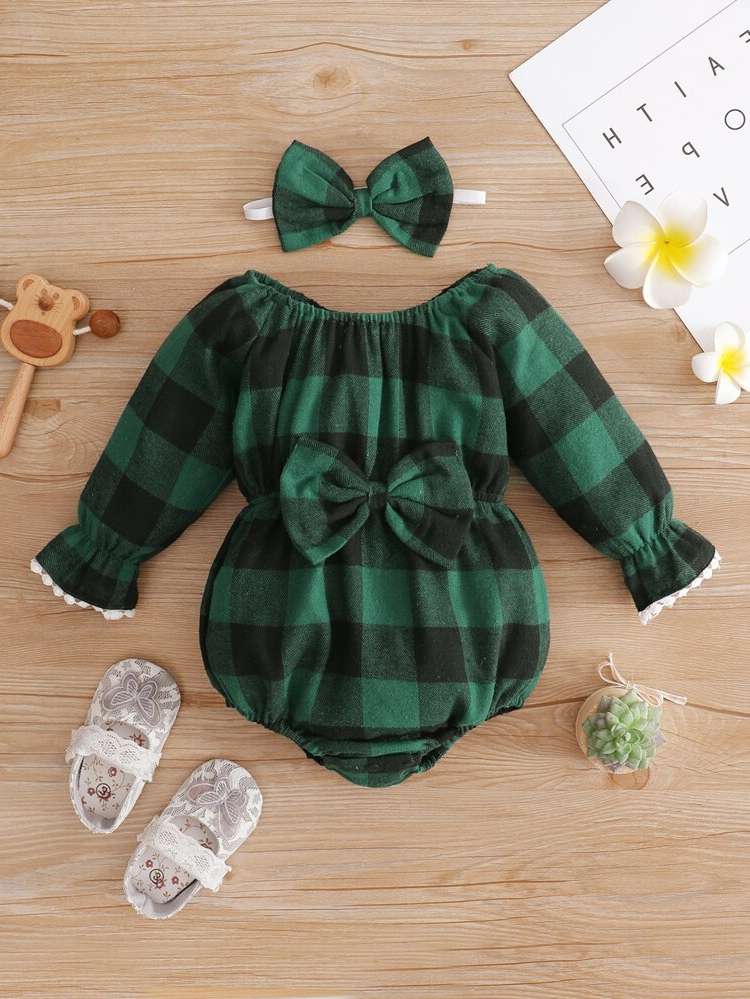  Gingham Long Sleeve Baby Bodysuits 4089