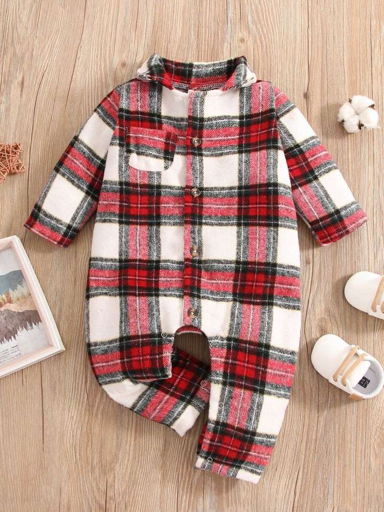 Collar Tartan Casual Long Sleeve Baby Jumpsuits 231