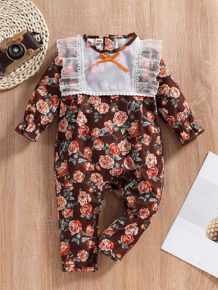 Long Sleeve Round Neck Floral Baby  Mom 9589