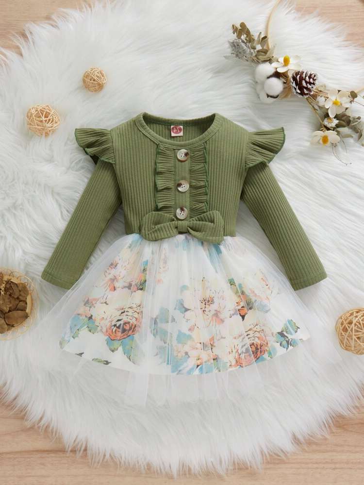 Round Neck Plain Ruffle Multicolor Baby Clothing 2738