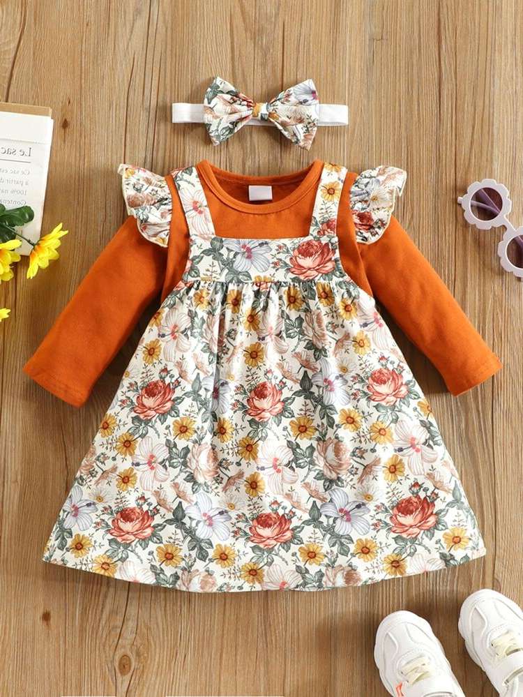 Long Sleeve Round Neck Multicolor Floral Baby  Mom 324