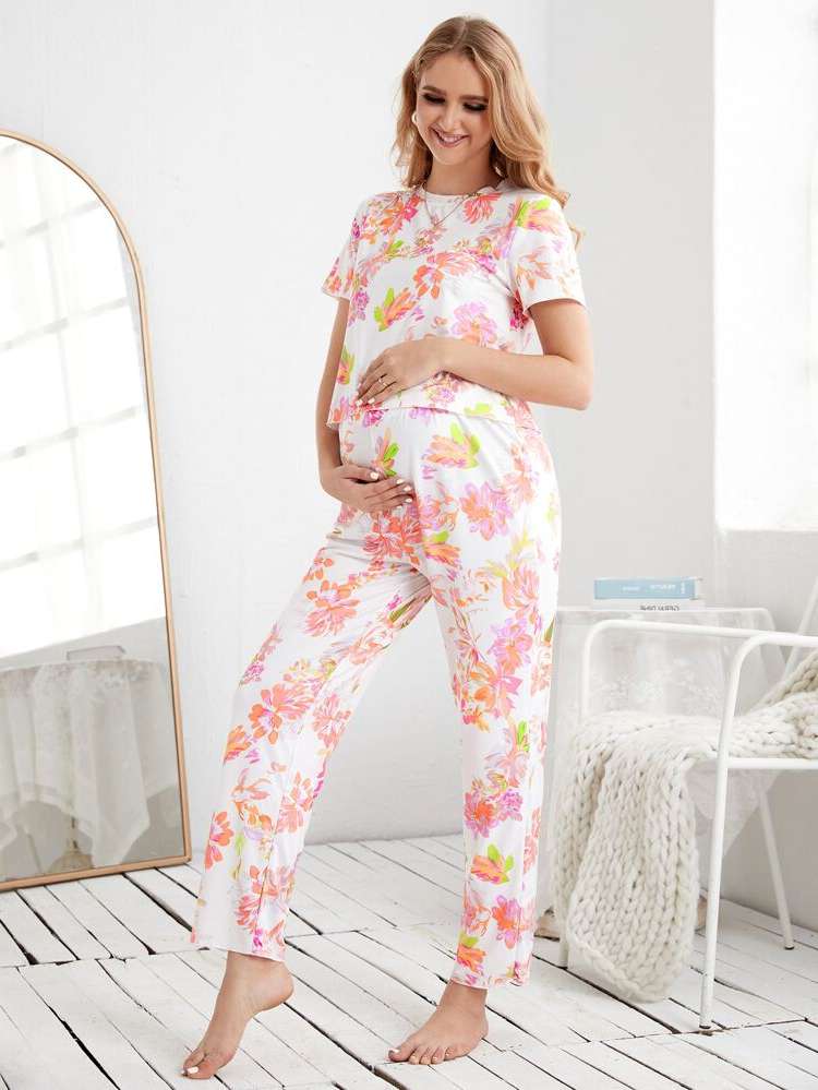 Floral Button Round Neck Maternity 7303