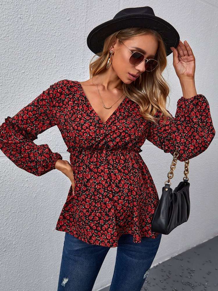 Boho V neck Long Sleeve Maternity 8489