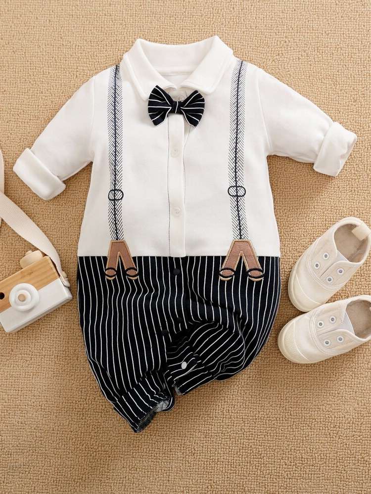 Bow Collar Striped Baby Onesies 2775