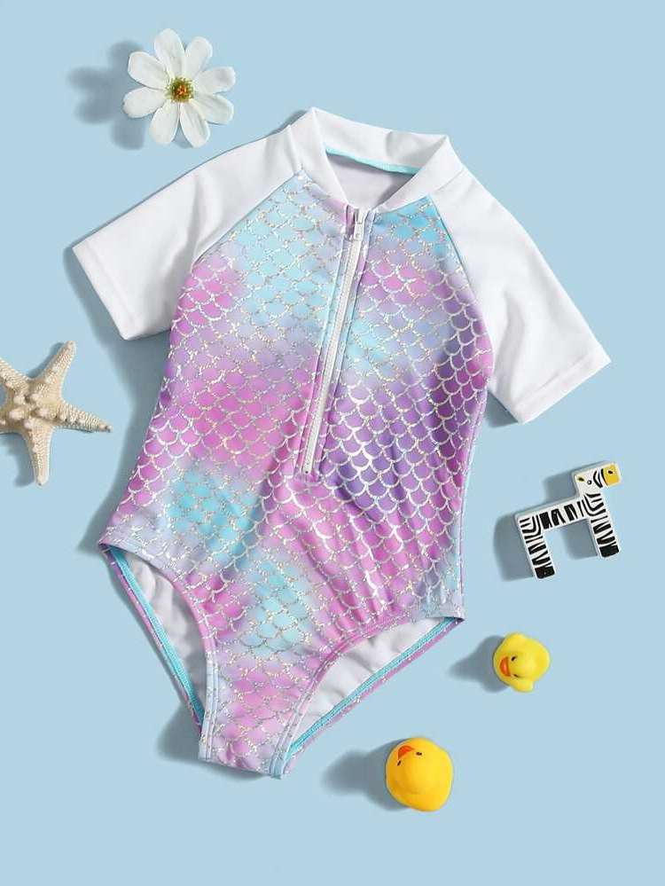 Multicolor High Neck Cute Fish Scales Baby Swimwear 4645