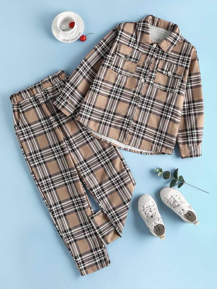  Long Sleeve Plaid Regular Fit Boys Two-piece Outfits 1565