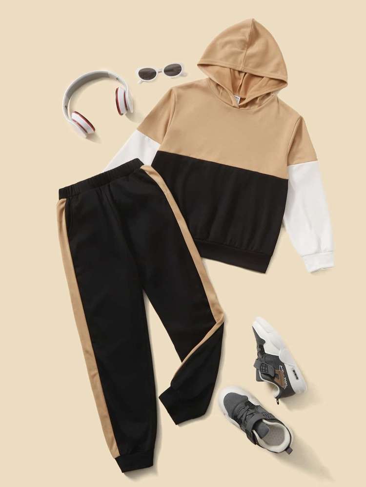 Sporty Colorblock Long Sleeve Regular Fit Boys Two-piece Outfits 5876