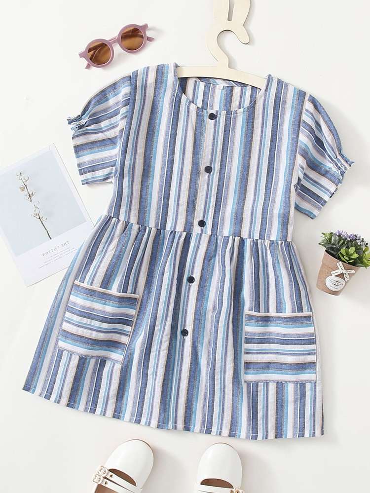 Striped Round Neck Regular Fit Pocket Girls Blouses 7555