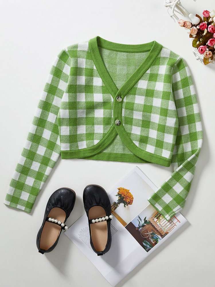 Button Long Sleeve Plaid Regular Fit Girls Cardigans 7138