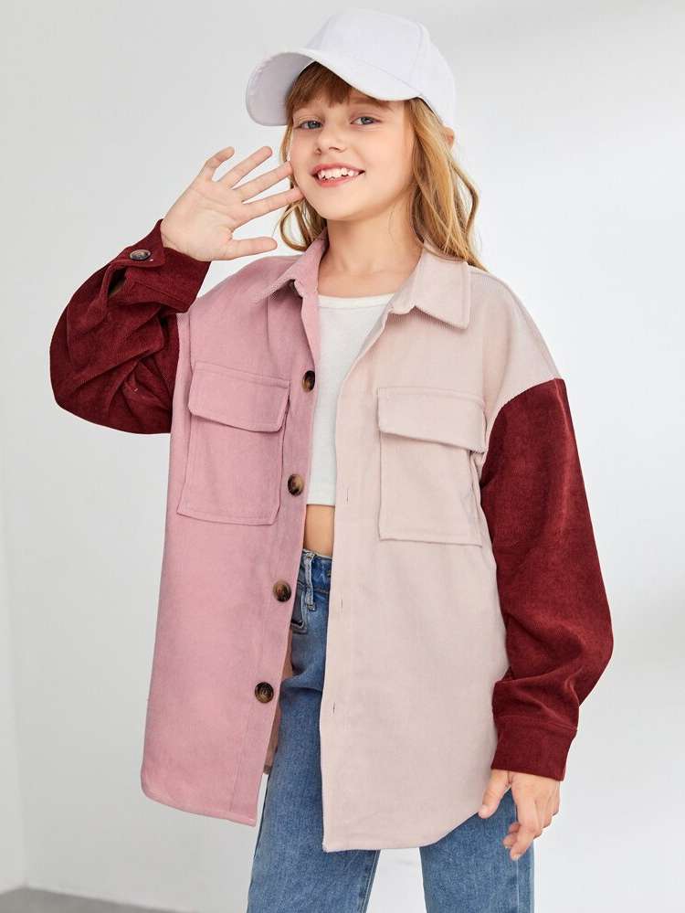 Colorblock Short Pocket Casual Girls Coats 8220