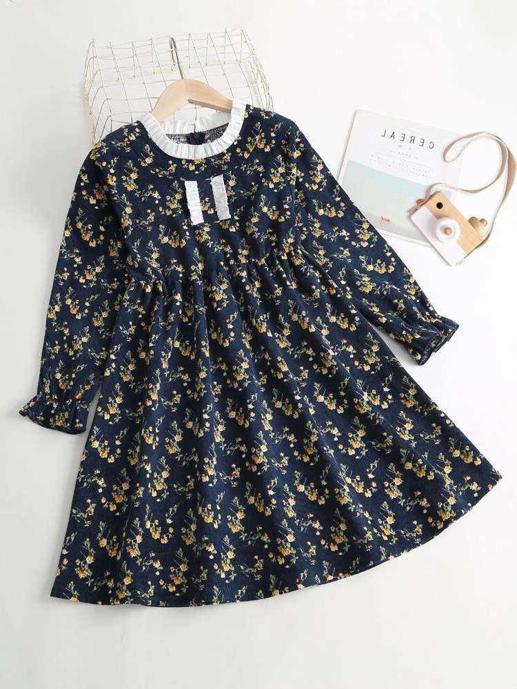 Stand Collar Frill Regular Fit Multicolor Girls Dresses 3660