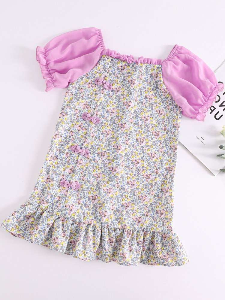 Multicolor Short Sleeve Square Neck Kids Clothing 3890