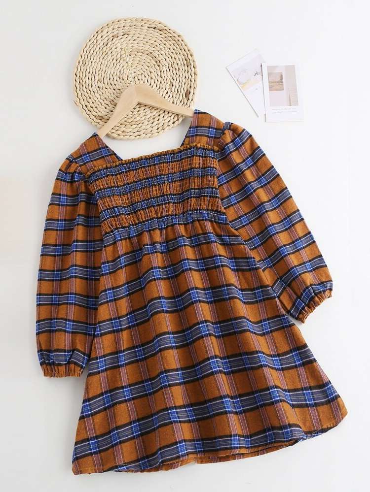 Plaid Long Sleeve Short Square Neck Girls Clothing 5300