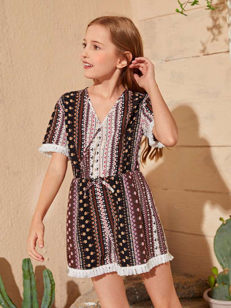 V neck Floral Fringe Multicolor Girls Clothing 6657