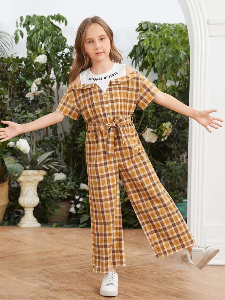 Cold Shoulder Half Sleeve Plaid Girls Jumpsuits 52