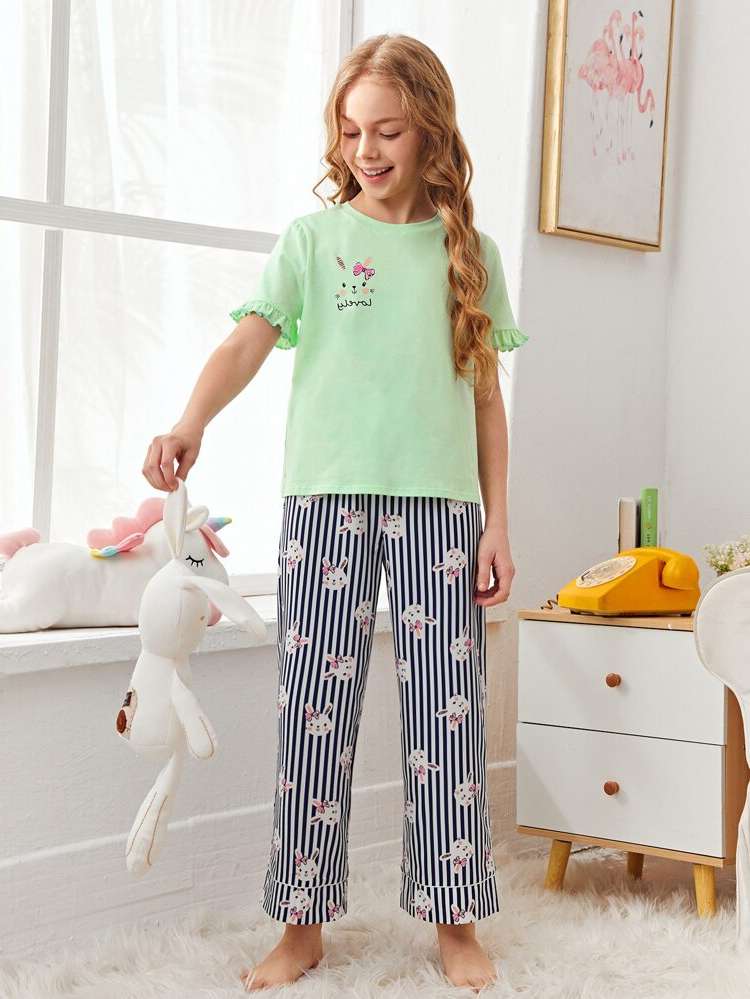 Multicolor Ruffle Cartoon Girls Loungewear 3937