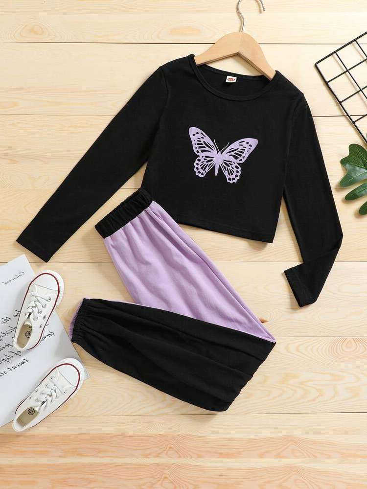 Multicolor Round Neck Casual Girls Two-piece Outfits 3972