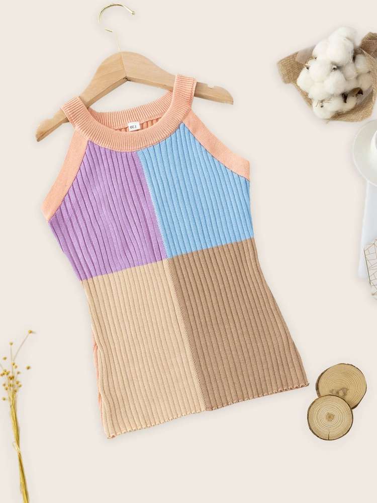 Rib-Knit Colorblock Sleeveless Short Girls Clothing 8578