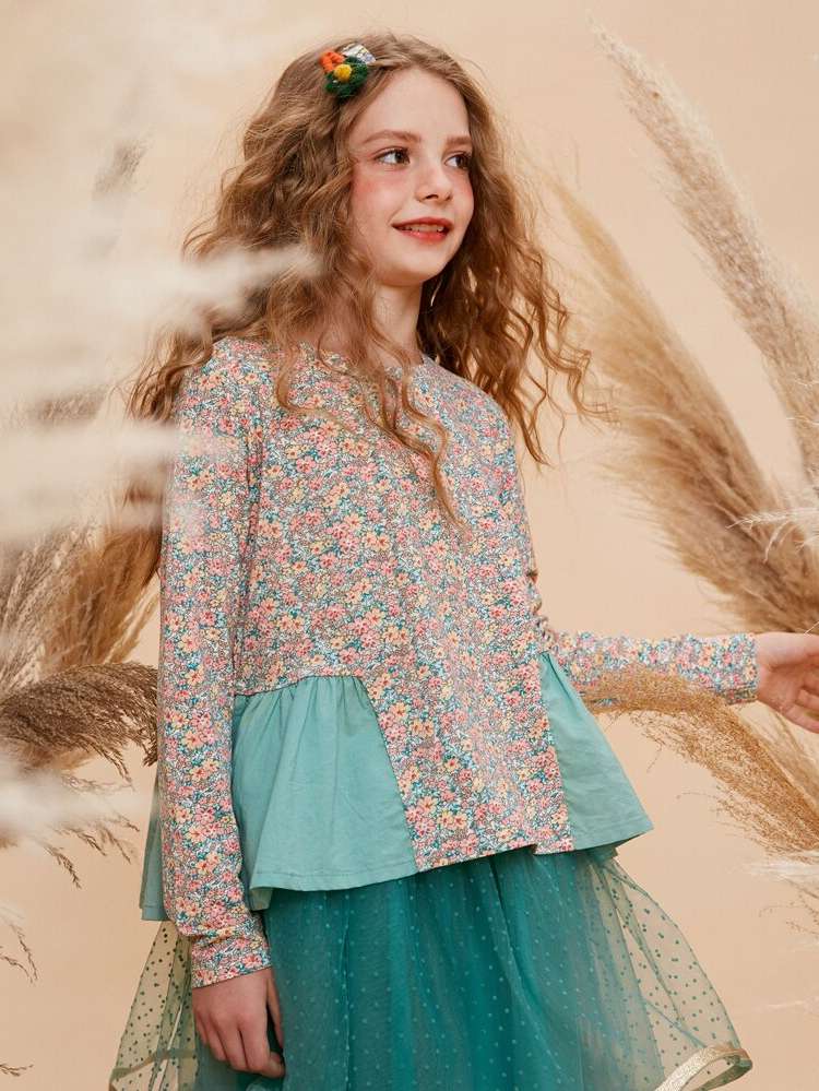 Ditsy Floral Ruffle Hem Regular Long Sleeve Girls Tops 321