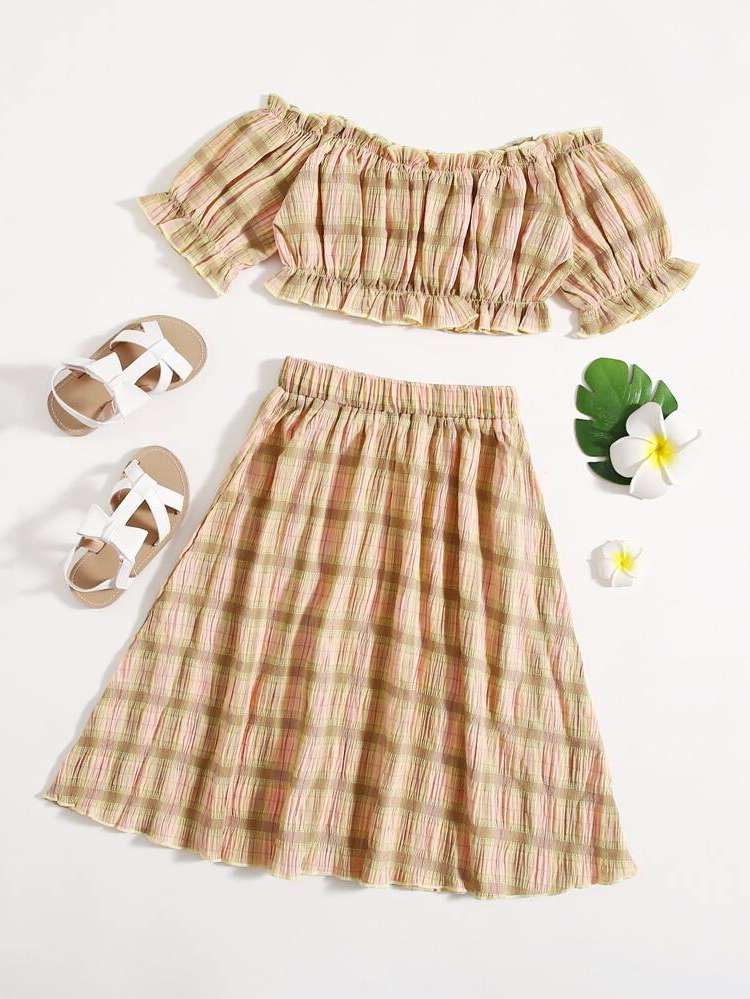 Off the Shoulder Plaid Multicolor Girls Clothing 2