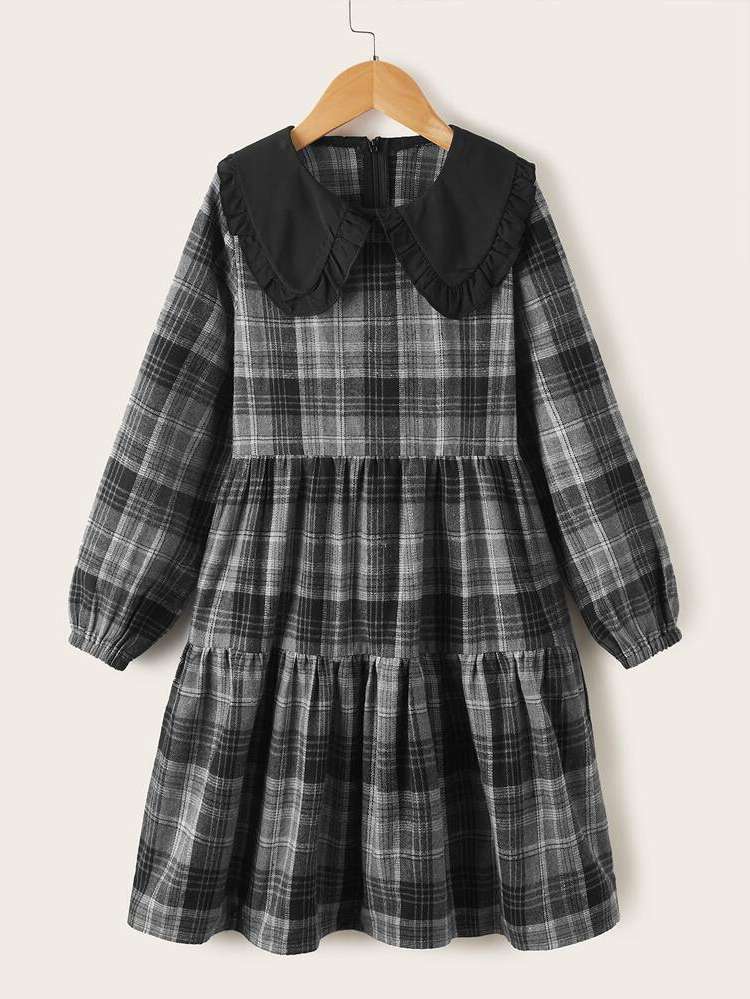 Casual Ruffle Hem Plaid Long Sleeve Girls Dresses 109