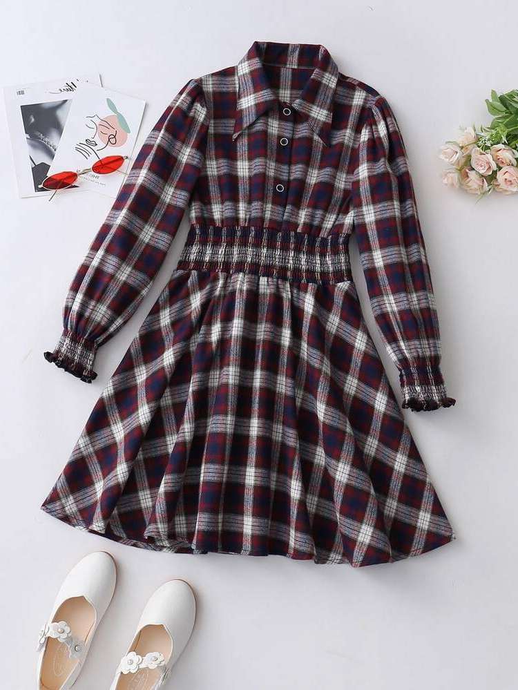 Shirred Tartan Multicolor Collar Girls Dresses 5083