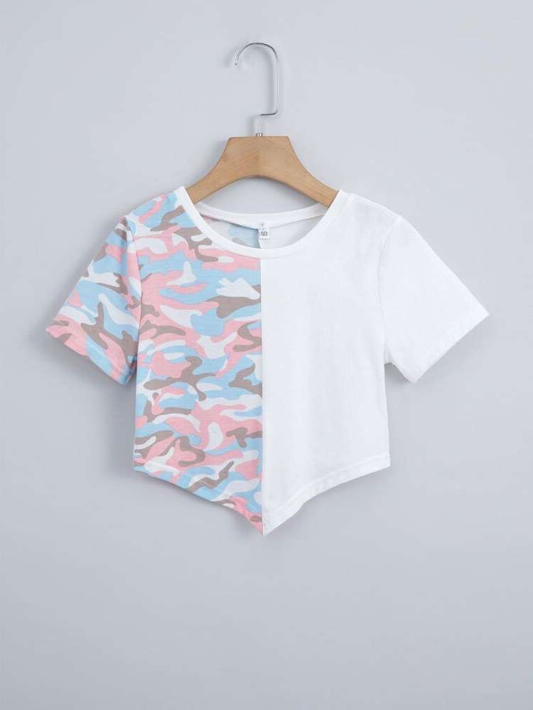 Asymmetrical Round Neck Colorblock Short Sleeve Girls Tops 3596