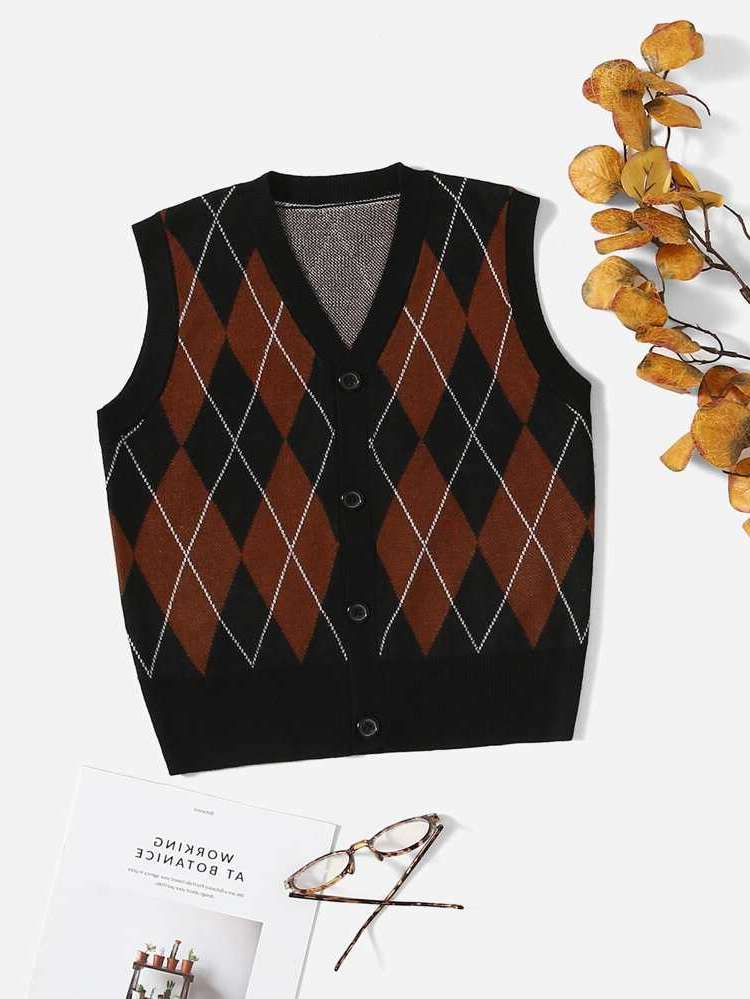 Button Front V neck Sleeveless Geometric Boys Clothing 4630