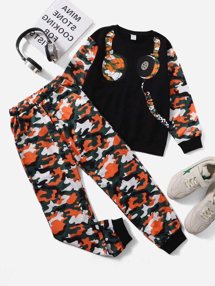 Round Neck Long Sleeve Regular Fit Multicolor Boys Two-piece Outfits 6073