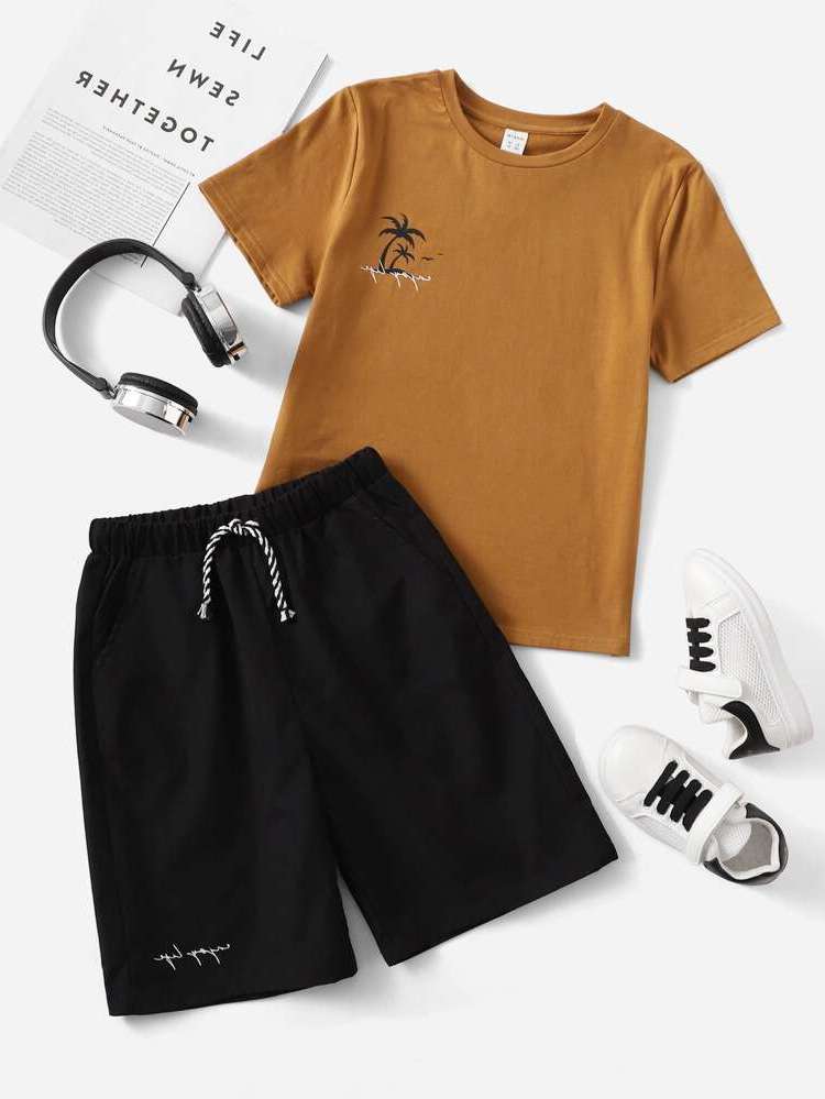 Drawstring Casual Letter Boys Two-piece Outfits 1443