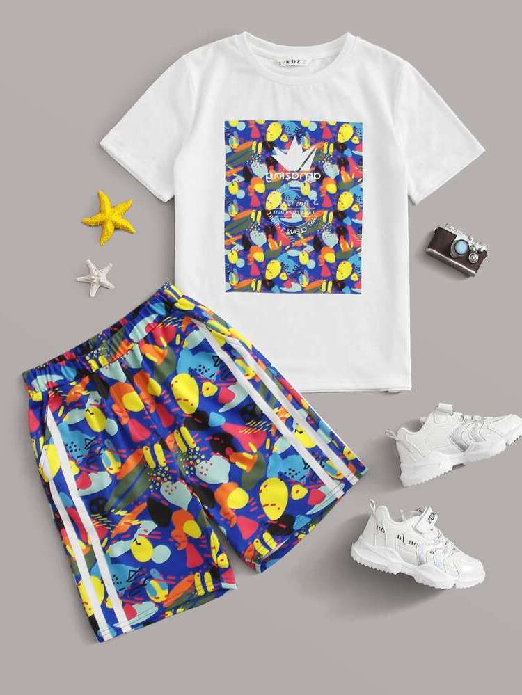 Casual Graphic Multicolor Short Sleeve Boys Two-piece Outfits 674