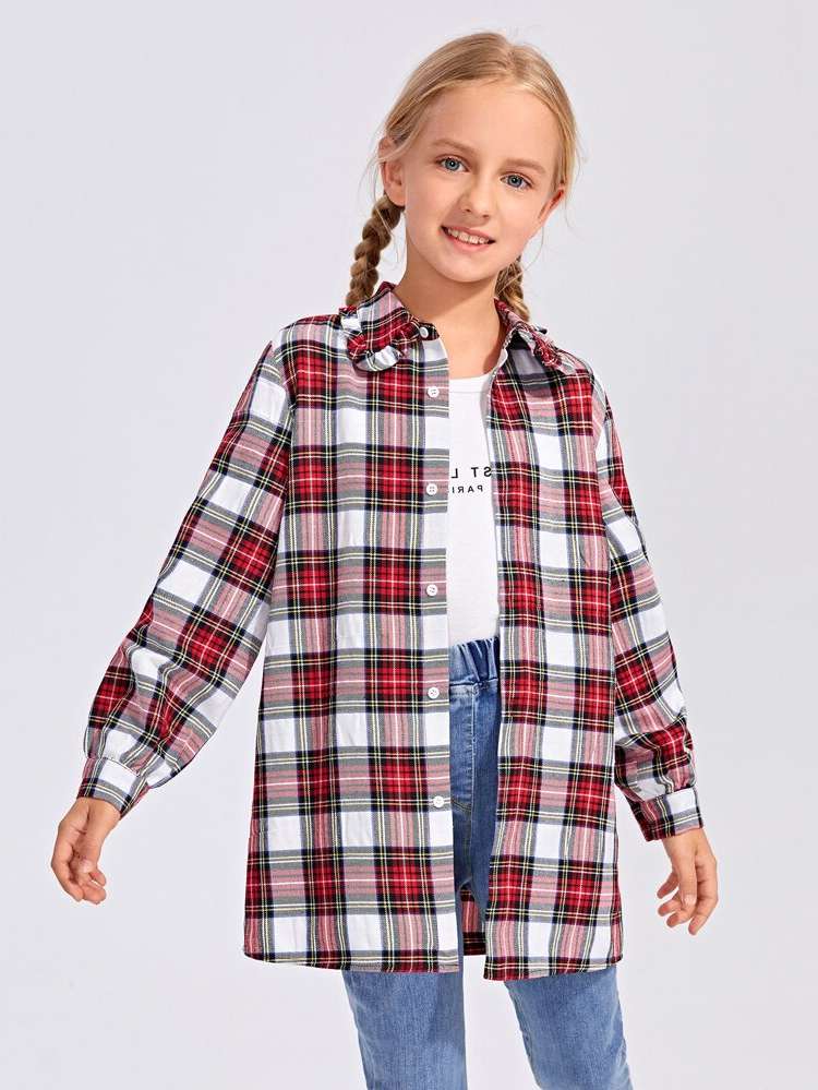 Collar Plaid Regular Fit Long Girls Tops 957