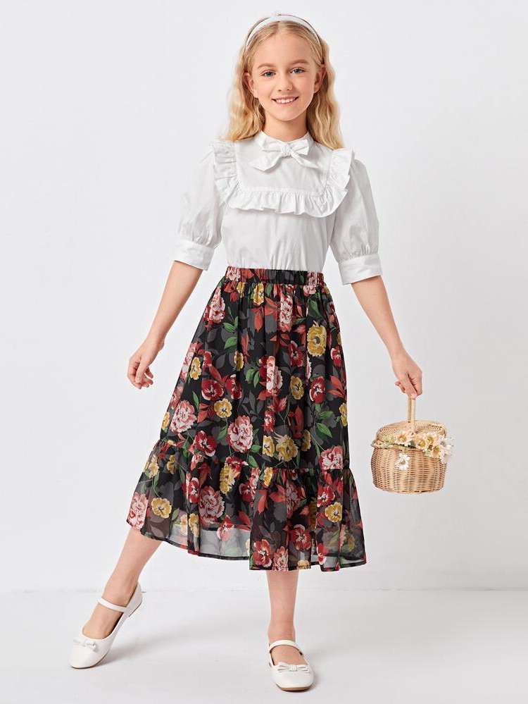 Dressy Stand Collar Ruffle Girls Two-piece Outfits 620