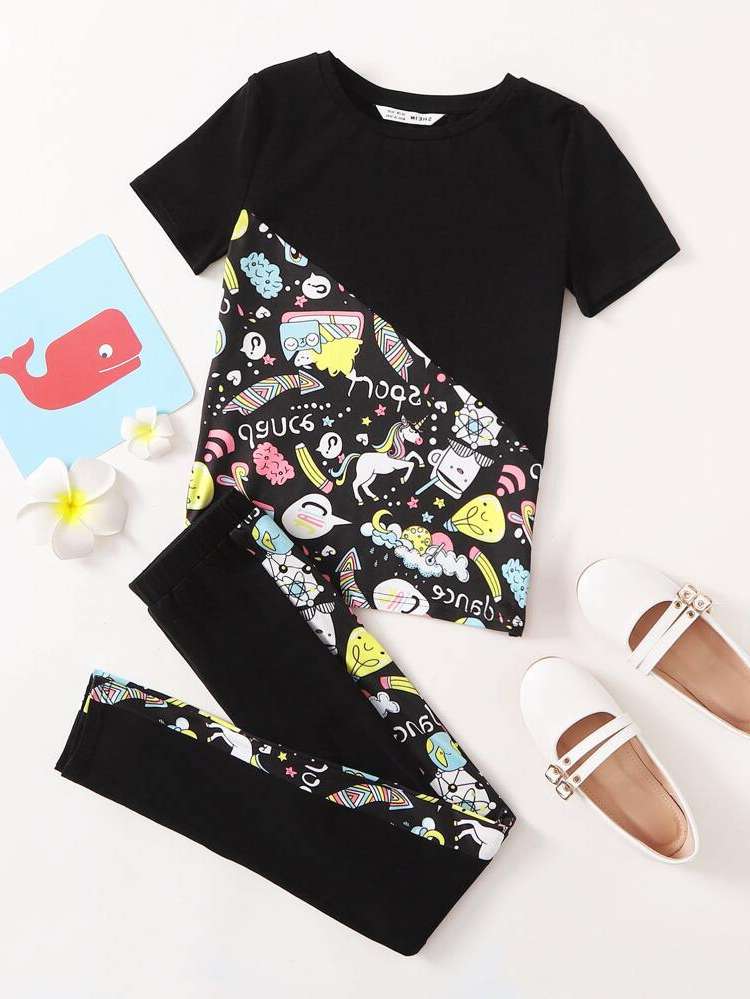 Casual Short Sleeve Cartoon Round Neck Girls Two-piece Outfits 846