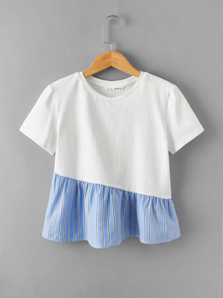 Short Sleeve Casual Ruffle Hem Round Neck Girls Tops 754