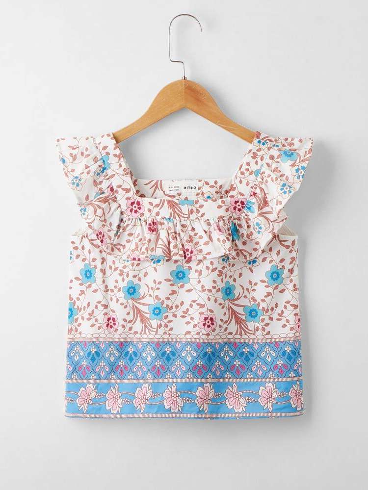 Square Neck Ruffle Floral Girls Tops 805