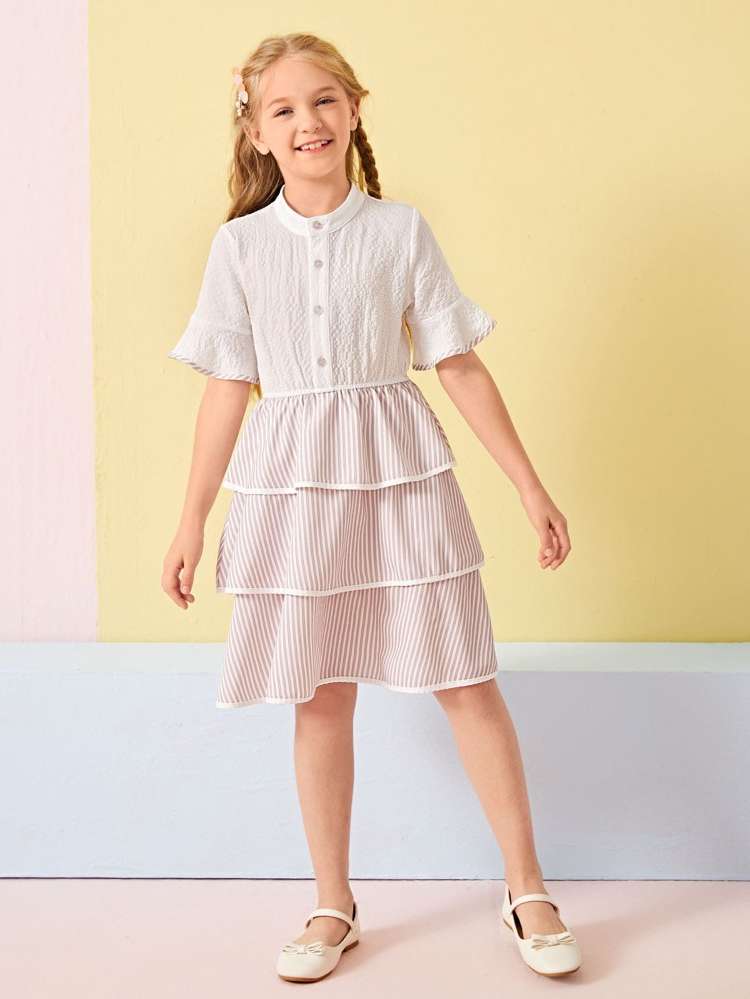 Tiered Layer Stand Collar Short Sleeve Girls Clothing 24