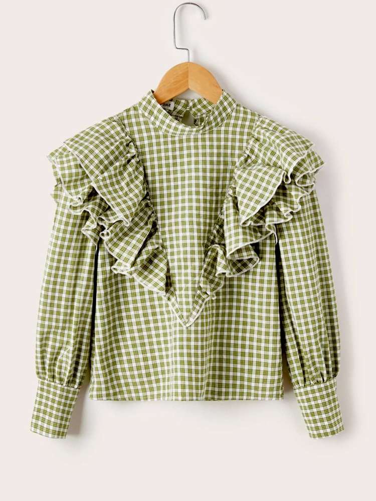 Gingham Regular Ruffle Long Sleeve Kids Clothing 5279