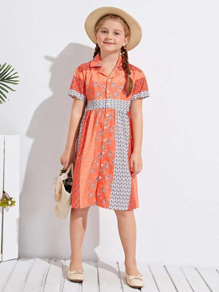 Multicolor Short Sleeve Knee Length Lapel Girls Dresses 871