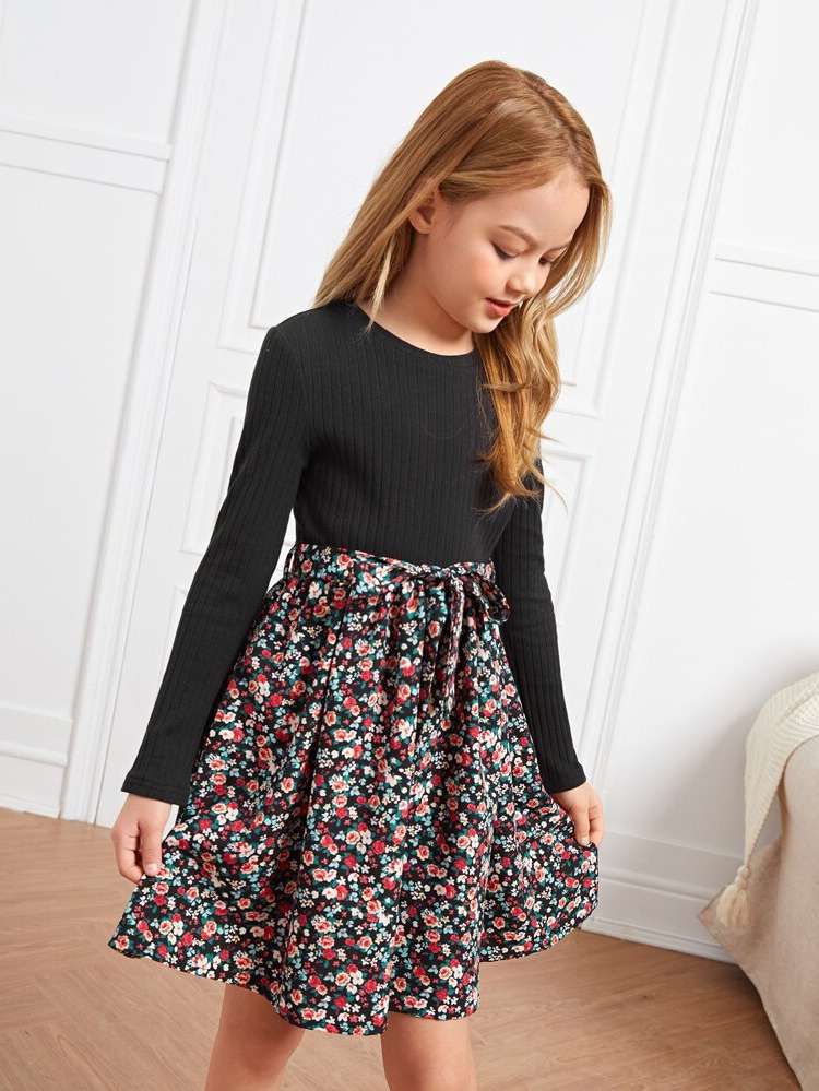 Multicolor Round Neck Ditsy Floral Short Kids Clothing 969