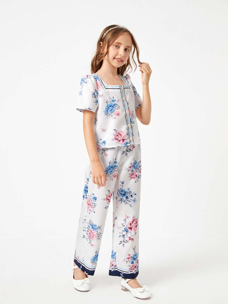  Square Neck Floral Short Sleeve Kids Clothing 6860